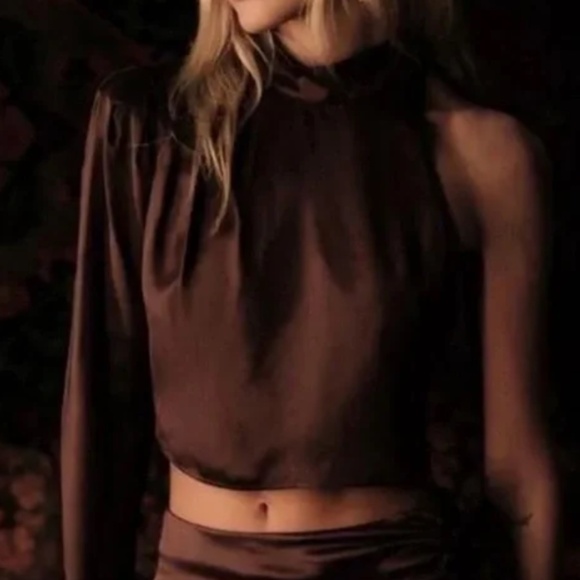 NWOT Zara Small Brown Satin Asymmetrical Top - Picture 4 of 11